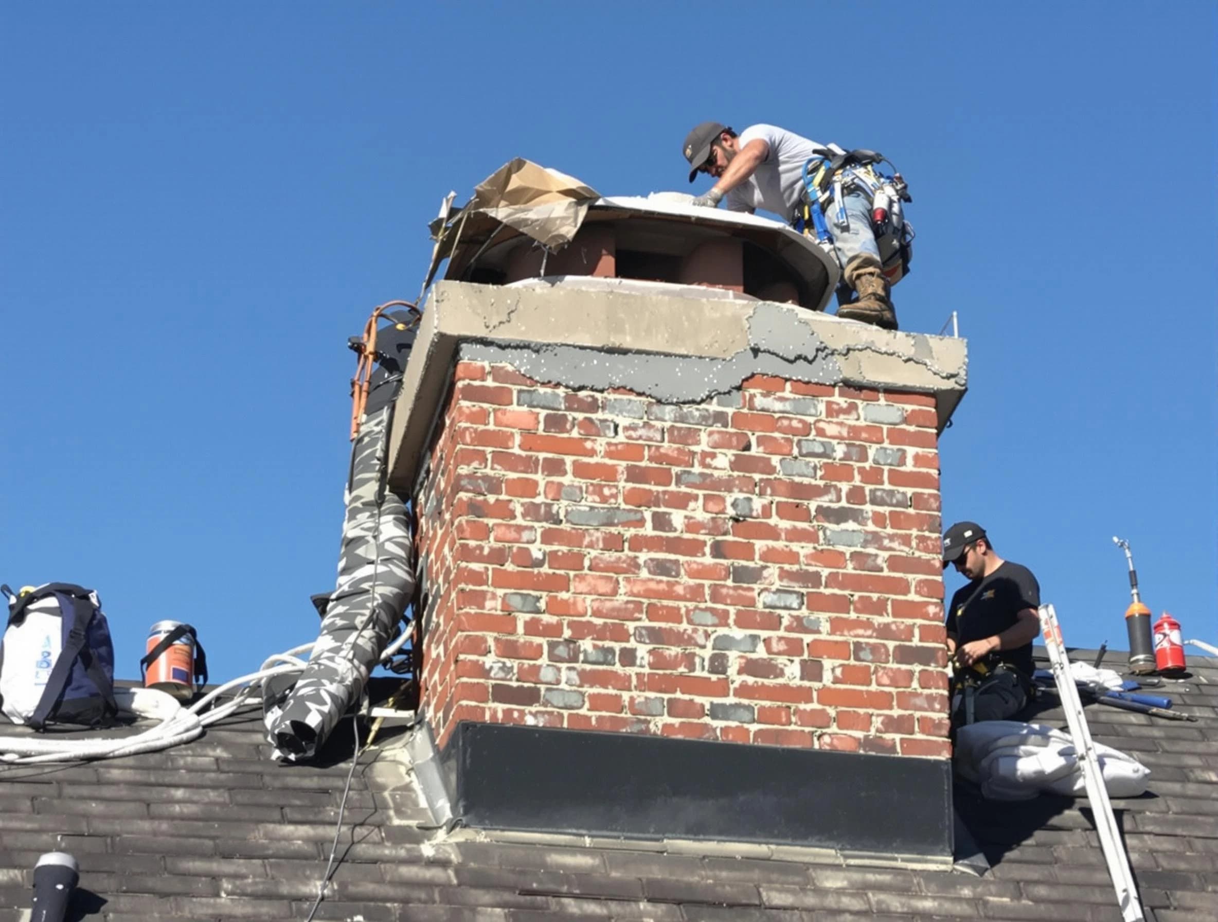 Lawrence Chimney Sweep installing a custom chimney crown in Lawrence, MA