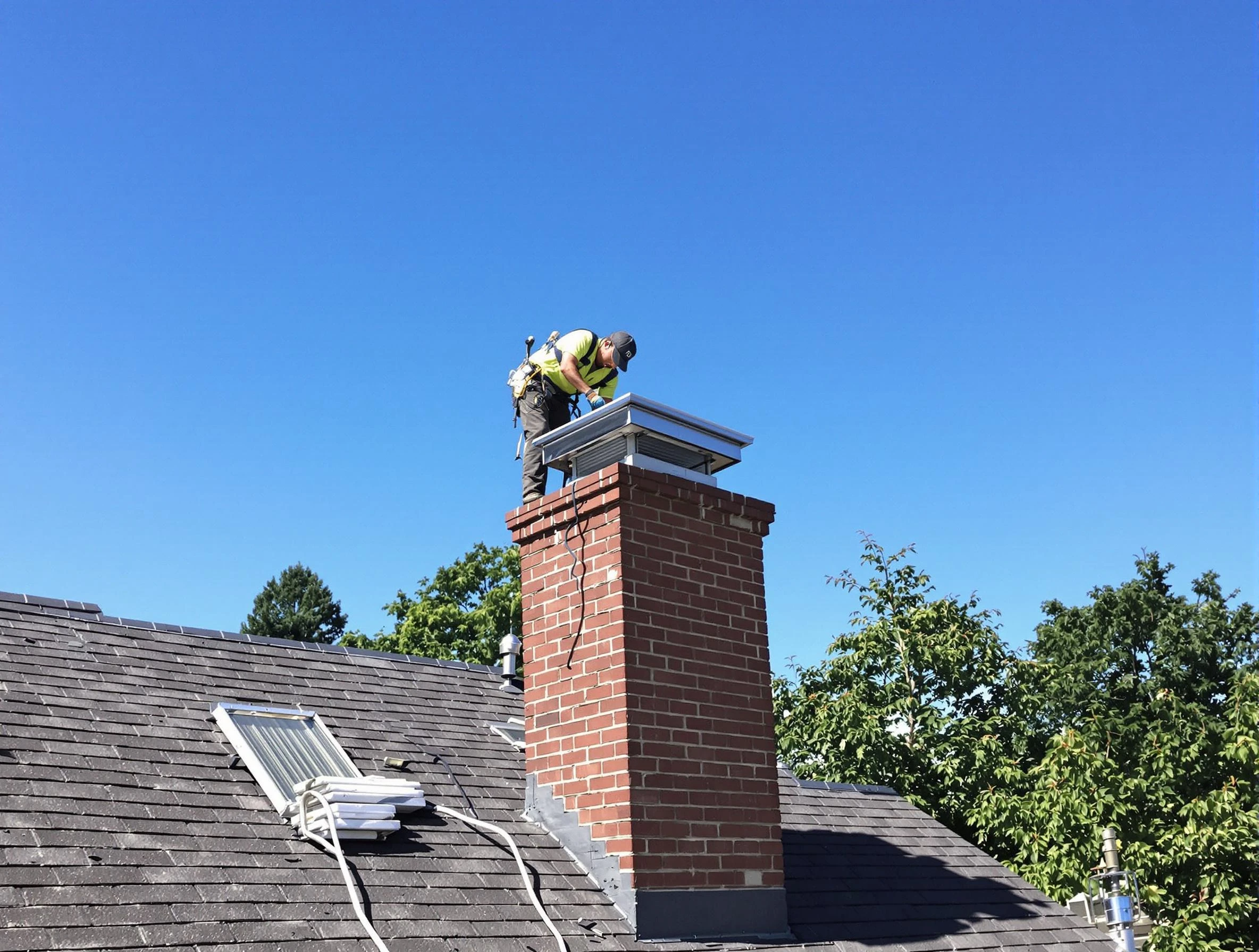 Lawrence Chimney Sweep technician measuring a chimney cap in Lawrence, MA